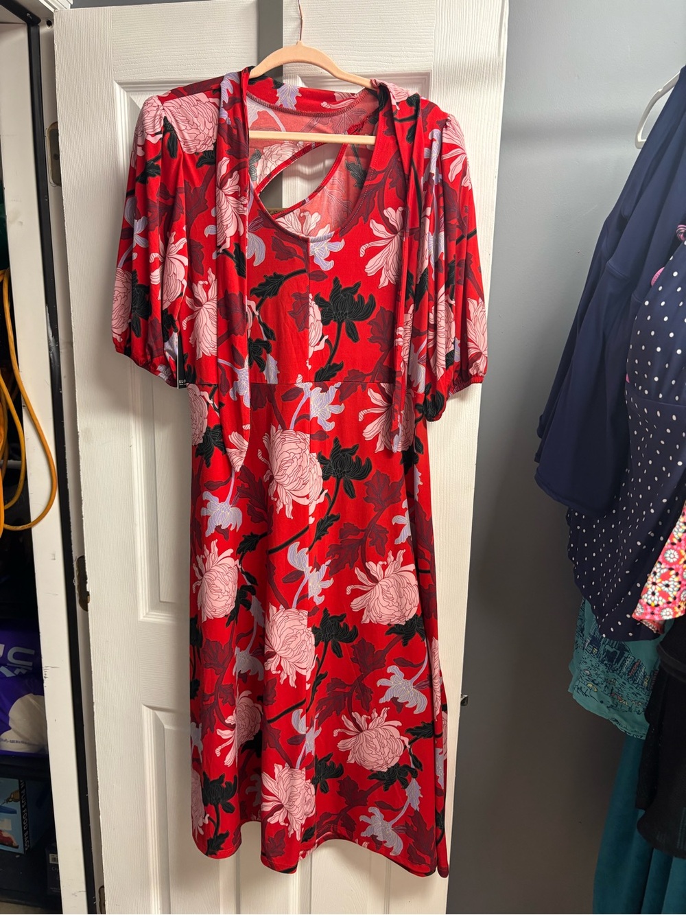 Eloquii Red Floral Midi Dress with Pink and Black Details - Picture 5 of 5